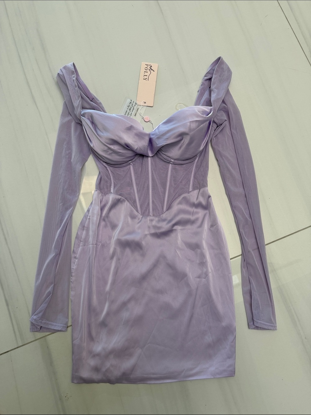 Oh Polly, Aqua Lilac Long-Sleeve Corset Satin Bodycon Dress